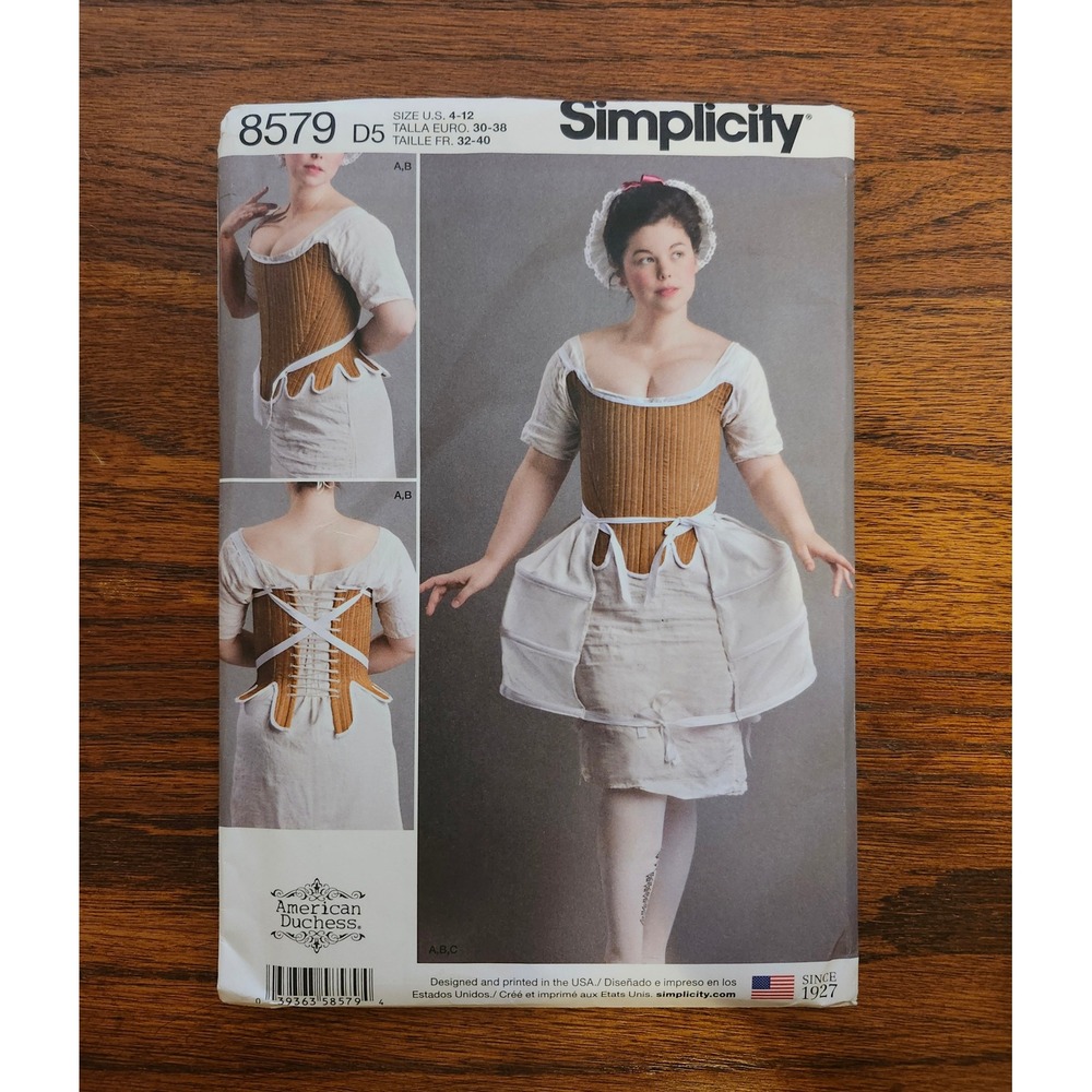 Simplicity 8579 American Duchess 18th Century Corset Shift Panniers Pattern 4-12